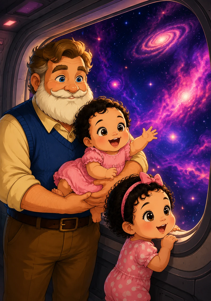 Their first stop was a breathtaking view of deep space, looking out a large viewing window at swirling galaxies and sparkling nebulas. Cleo cooed with delight, her brown eyes reflecting the brilliant pink and purple cosmic dust floating just outside their safe haven.