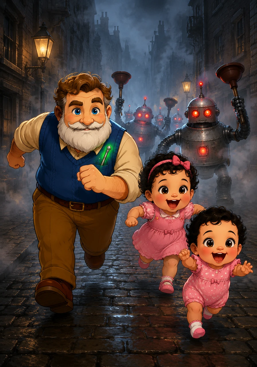 Suddenly, the scenery shifted to a cobblestone street in old London, where metallic, plunger-armed robots began chasing them with flashing lights. Arthur sprinted through the foggy alleyways with a look of playful determination, while Cleo thought it was a thrilling game and laughed out loud.