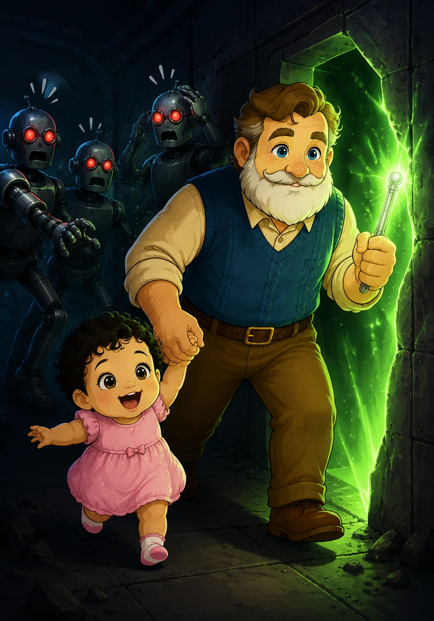 To escape the robots, Arthur pulled a glowing silver wand from his pocket that buzzed with bright green light, unlocking a hidden escape route. The metallic villains whirred in confusion as the brave grandfather and his tiny companion slipped away into the shadows.