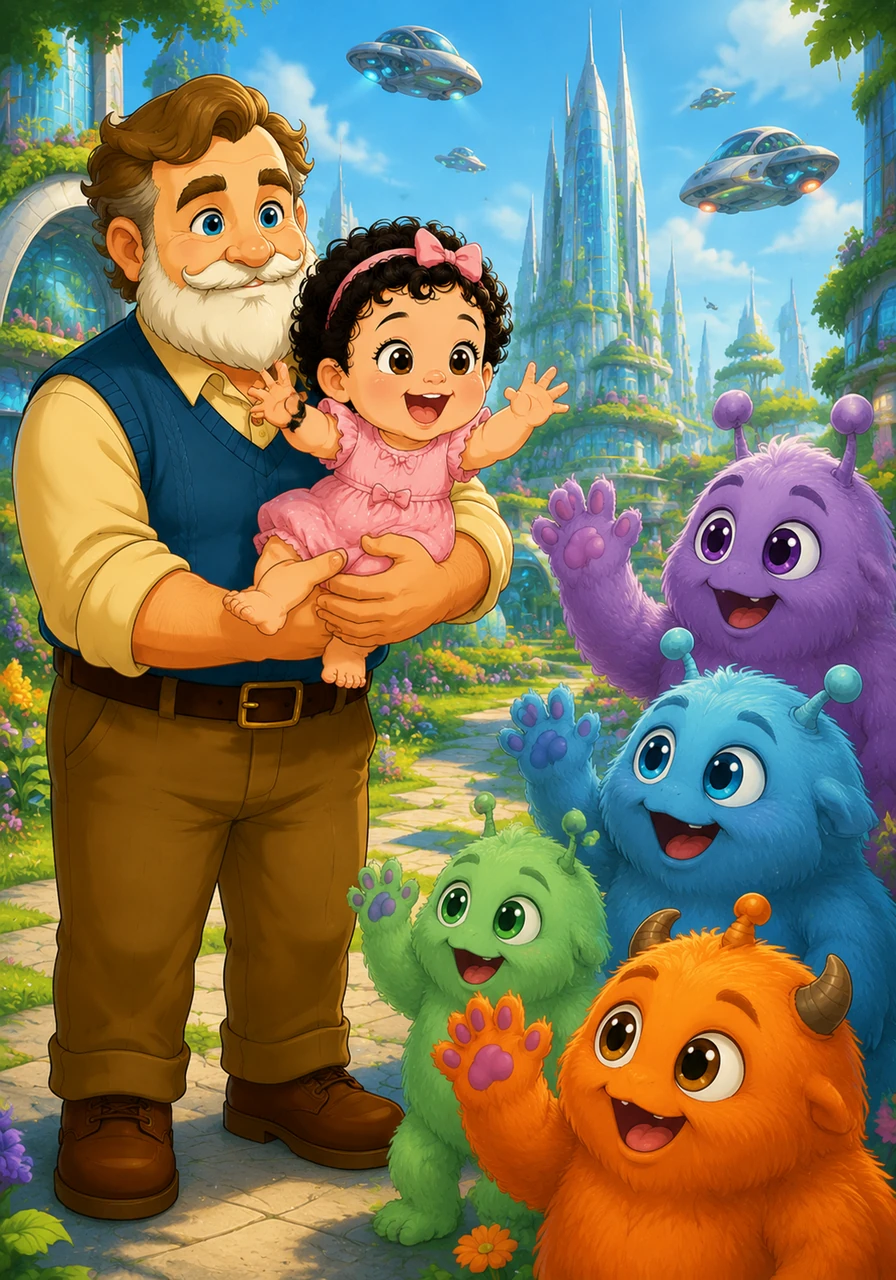 The magical box leaped through time again, landing them in a beautiful, futuristic garden city filled with flying vehicles and towering glass spires. Friendly alien creatures with colorful fur waved at Cleo, who happily waved her little hands back from the safety of Arthur's arms.