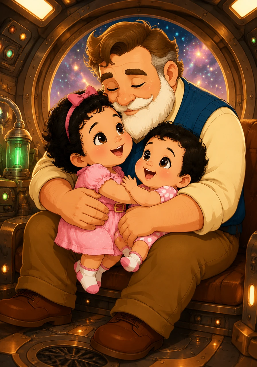 With one final, thunderous mechanical wheeze, the great capsule stabilized and the bright lights gently faded back into a soft, warm glow. Arthur hugged Cleo close, whispering that their grand journey through time and space was finally complete.