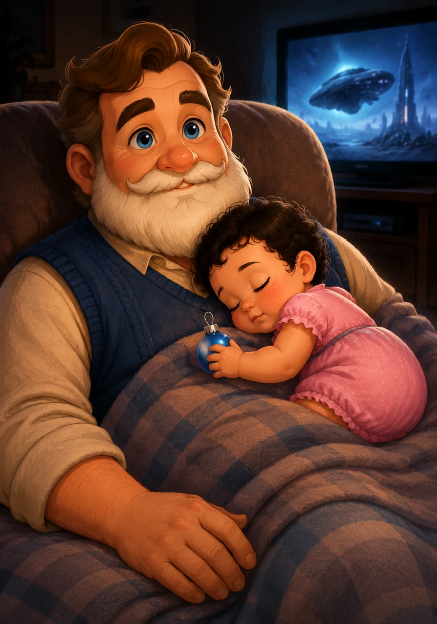 Arthur blinked his blue eyes open, waking up on the cozy living room couch with a soft blanket draped over them. The television was quietly playing a sci-fi show, and little Cleo was fast asleep on his chest, still clutching the tiny, perfectly ordinary blue ornament in her tiny hand.