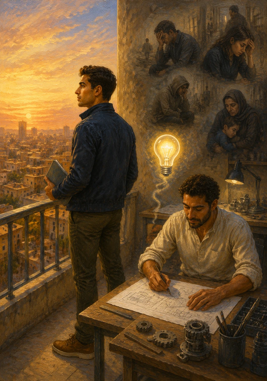 Adam stands on a quiet balcony overlooking the city, his heart heavy with the realization that many people are struggling in silence. He decides to use his engineering skills to create a tool that offers clarity and a path to healing for those in need.