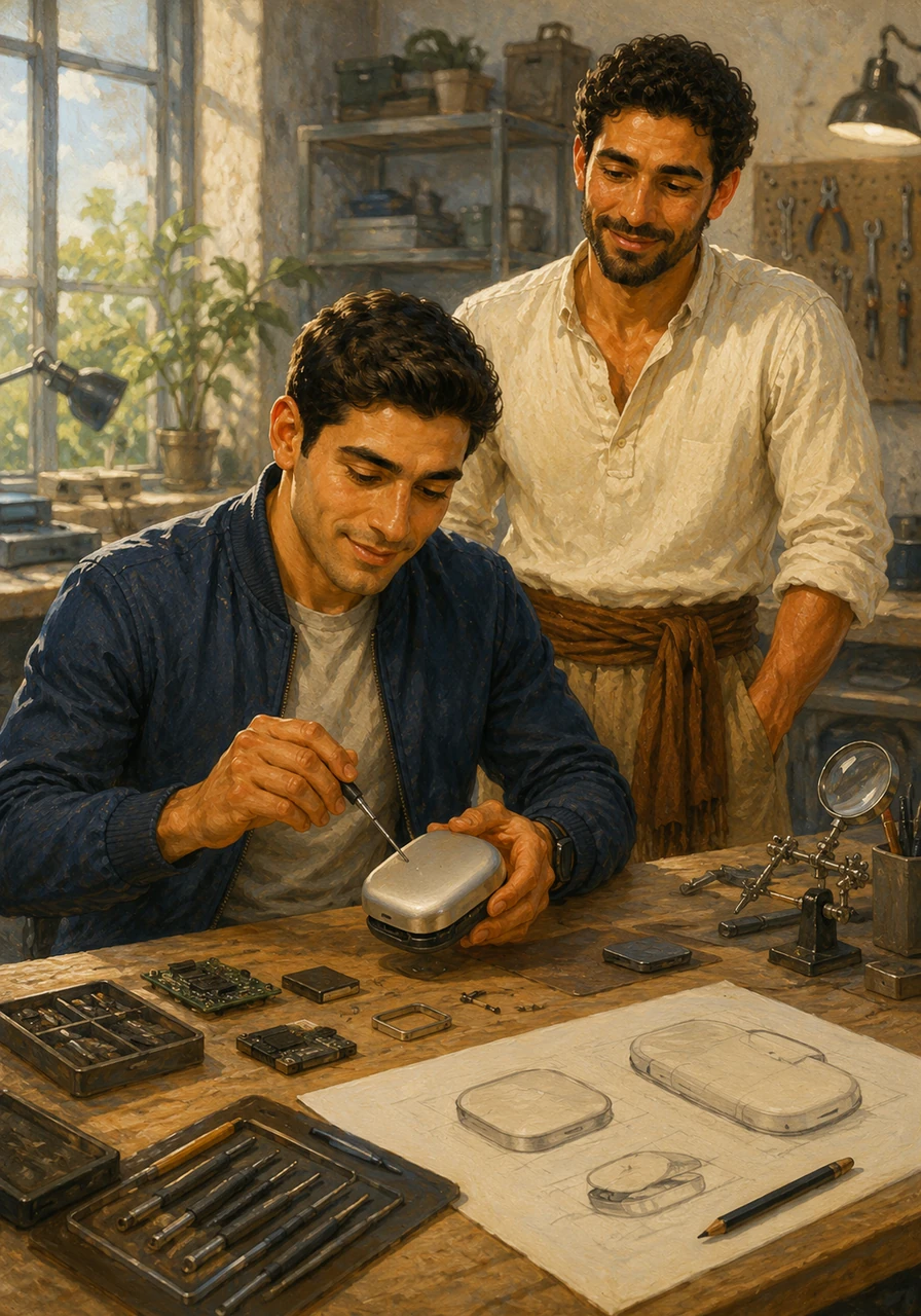 In his bright, modern workshop, Adam carefully assembles the first prototype of Safe Sense. The device is elegant and compact, designed to be a discreet and non-judgmental companion for those seeking a fresh start.