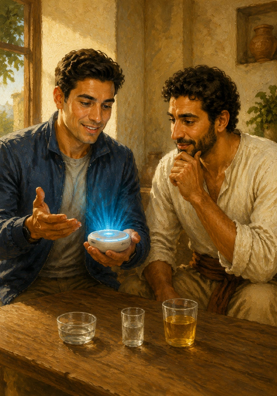 Adam demonstrates how the device works, showing its ability to analyze samples from saliva, sweat, or urine with high precision. Its glowing light indicates that the advanced sensors are ready to provide life-changing information in an instant.