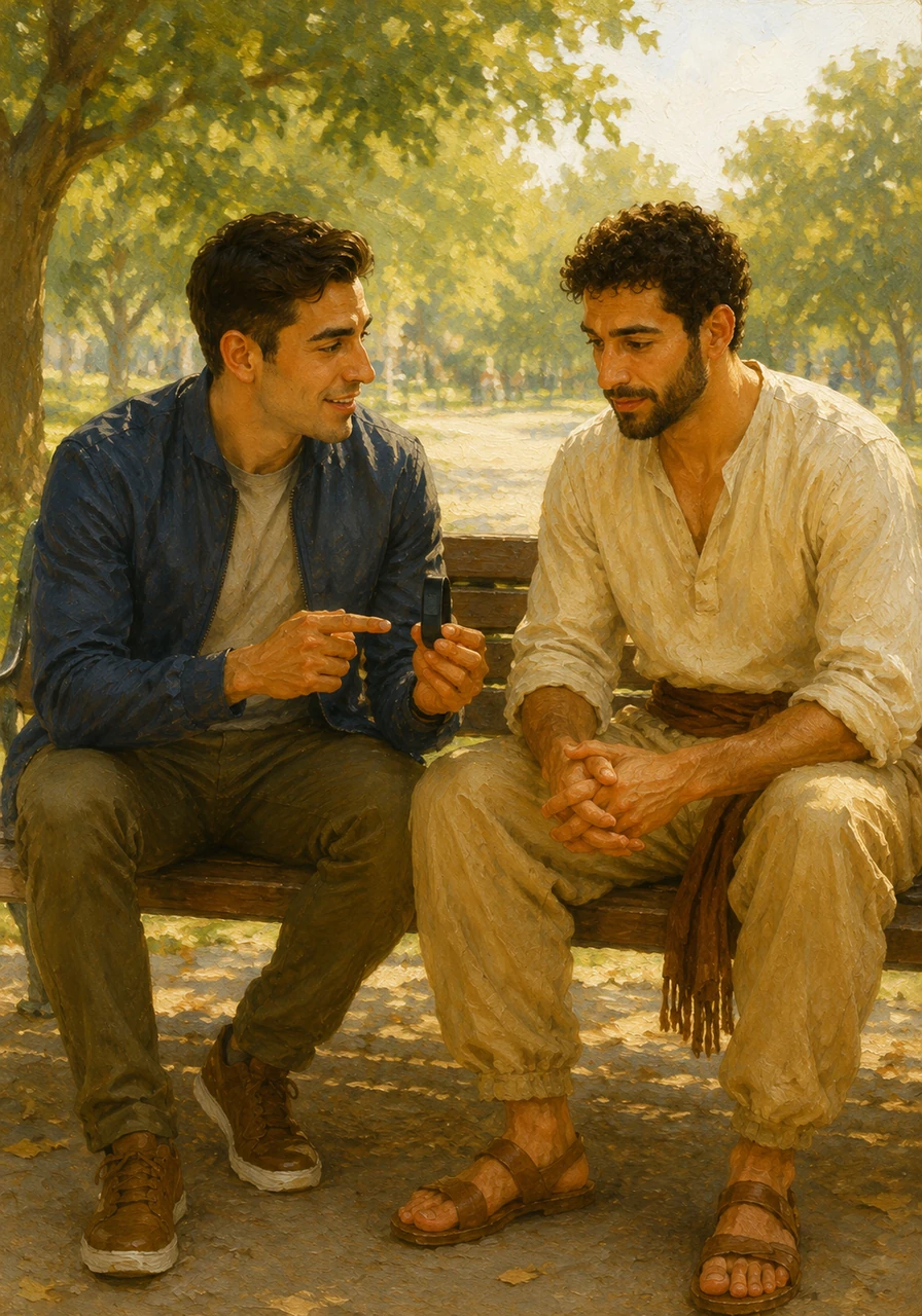 Adam meets his friend Omar, who has been feeling lost and struggling with his health lately. They sit in a quiet, sunlit park, and Adam introduces him to the device as a supportive tool for a healthier lifestyle and recovery.