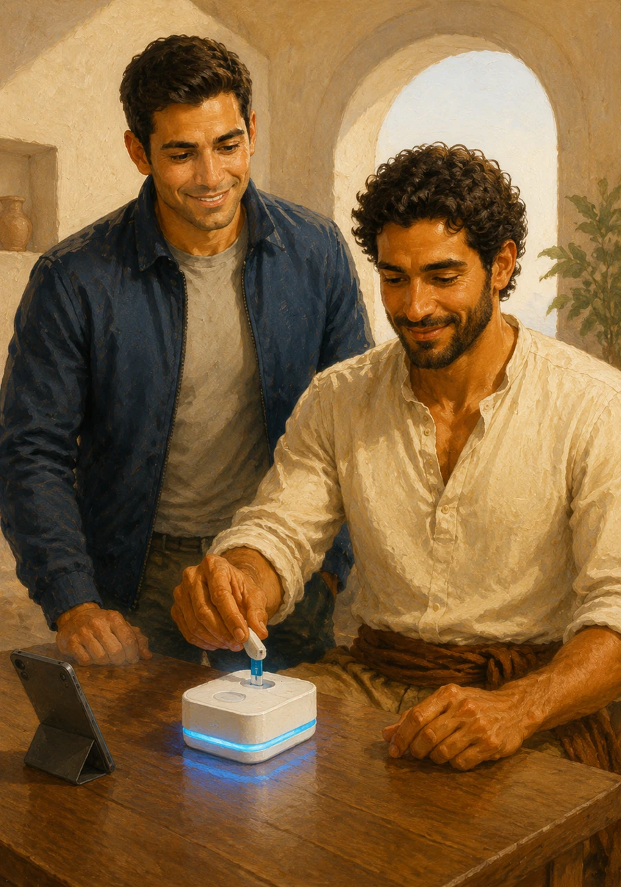 With a simple, non-invasive test, Safe Sense analyzes a small sample provided by Omar. Within moments, the device pulses with a soft blue light, signaling that the results are being securely processed by the mobile app.