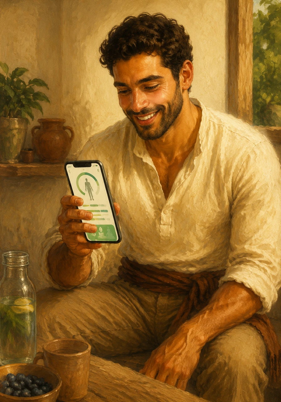 Omar looks at the phone screen, which displays clear information about his health status and helpful tips for detoxification. The app's tone is supportive and kind, offering words of encouragement that empower him to take the next step.