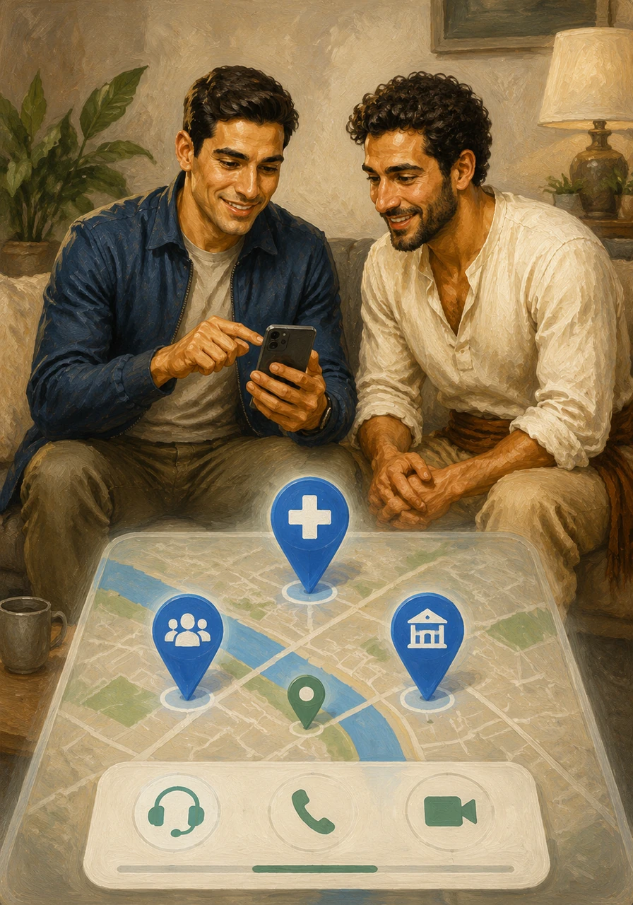 The app transitions to a map, highlighting the nearest specialized rehabilitation centers and professional support groups. It provides direct contact information and a simple way to reach out for the expert help he needs.