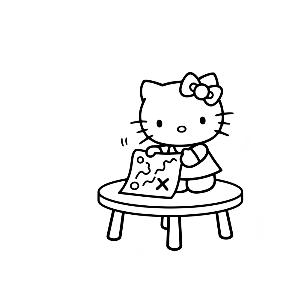 On her small wooden table, Hello Kitty found a rolled-up paper. It was a treasure map, drawn with squiggly lines and a big 'X' mark. Her heart fluttered with excitement.
