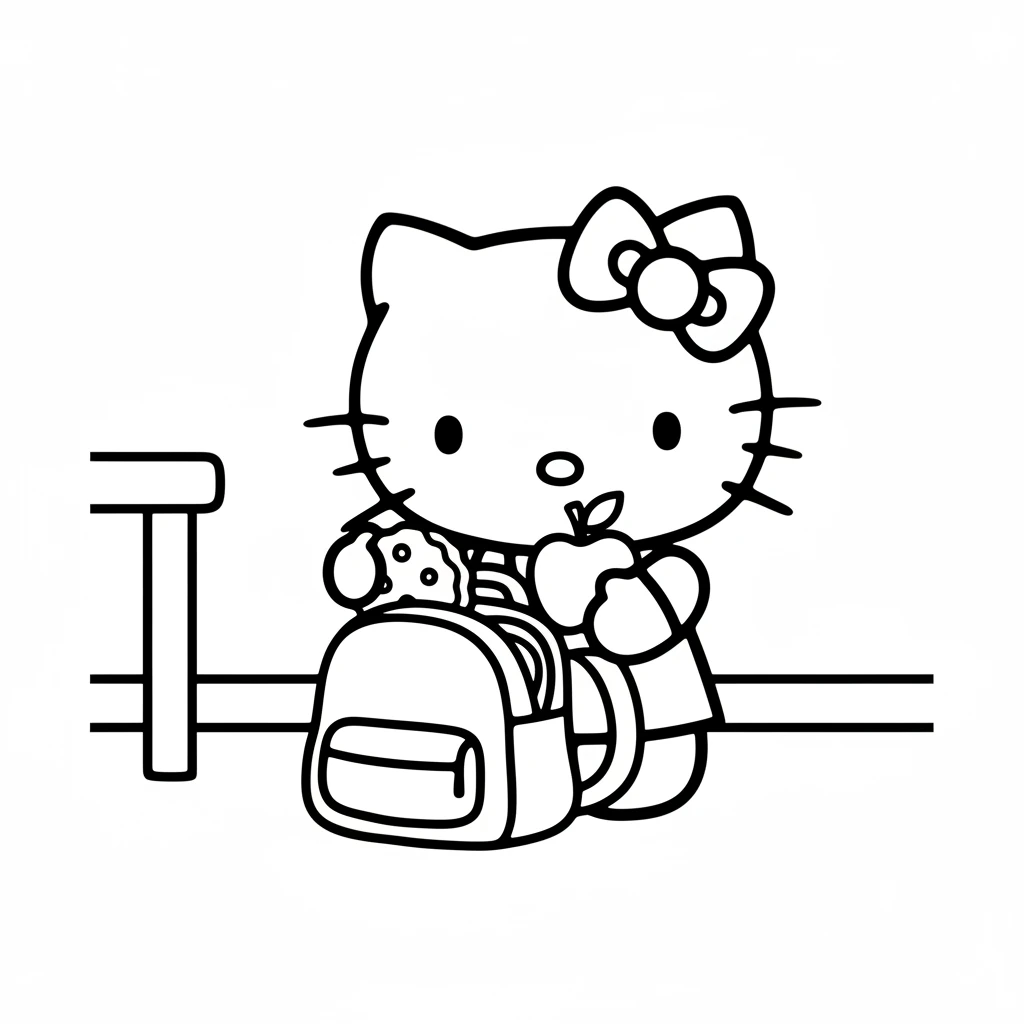 Hello Kitty carefully packed her tiny backpack. Inside, she placed a yummy cookie for energy and a shiny red apple. She was ready for anything!