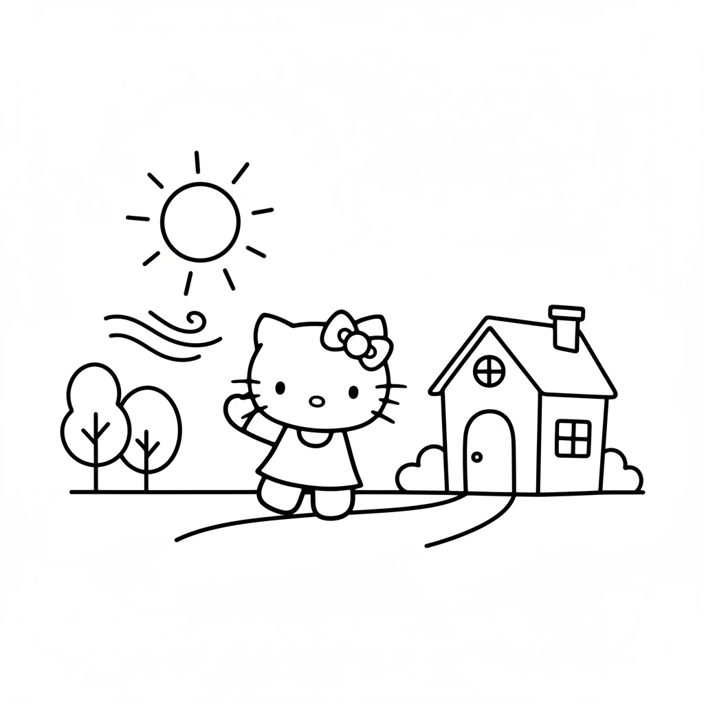 Waving goodbye to her cozy little house, Hello Kitty stepped out. The sun was shining bright, and a gentle breeze whispered through the trees. Her grand adventure had begun!