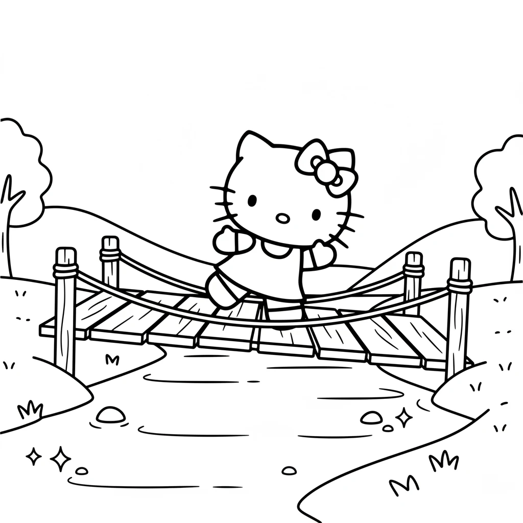 Soon, Hello Kitty came to a wobbly wooden bridge over a sparkling stream. She took a deep breath and carefully tiptoed across, feeling brave and strong with every step.