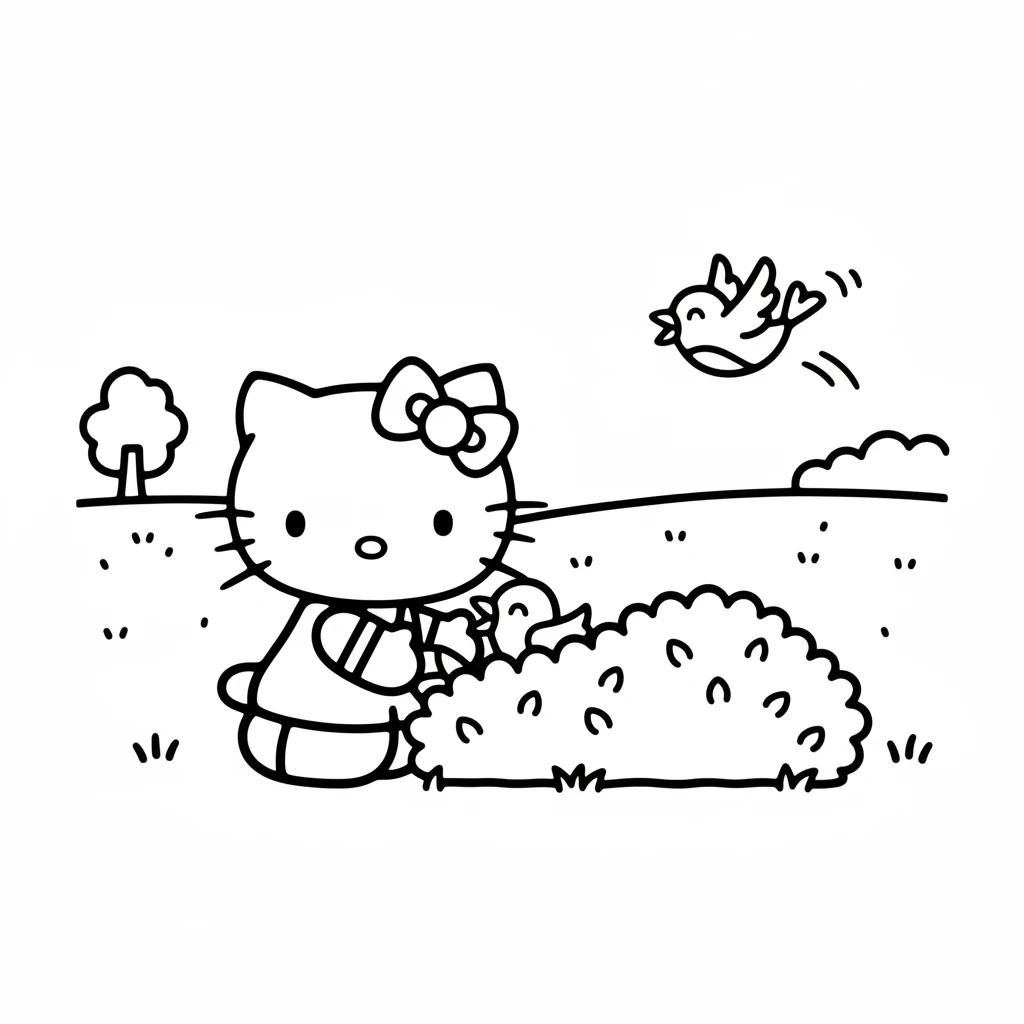 Further along, she heard a tiny chirp. A little bird was tangled in some leaves on a low bush. Hello Kitty gently helped the bird free, and it chirped a happy thank you before flying away.