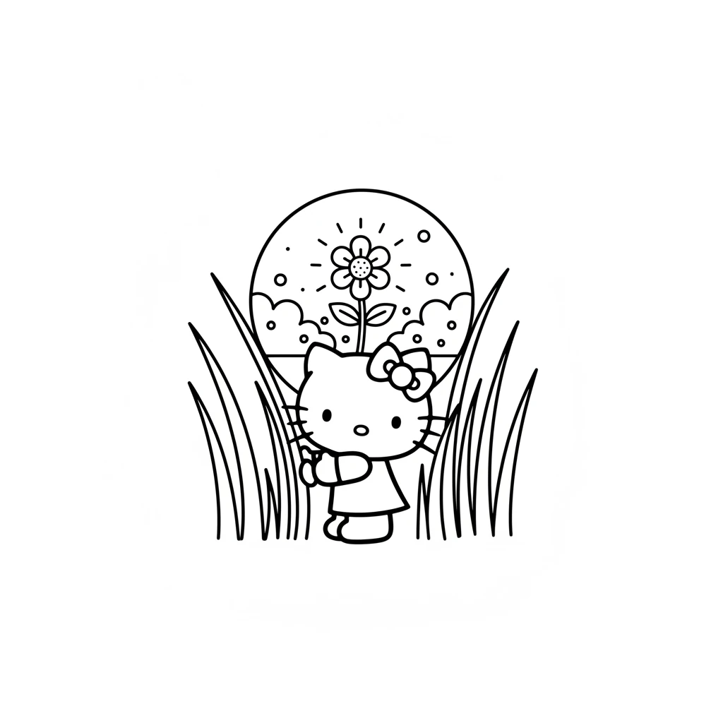 Following the map, Hello Kitty pushed aside some tall grass. Behind it, she discovered a secret garden filled with the most beautiful, sparkling flower she had ever seen. It glowed softly.
