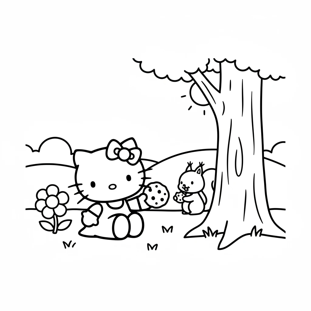 As she admired the flower, a friendly squirrel peeked out from behind a tree. Hello Kitty smiled and shared her delicious cookie with her new furry friend. They munched happily together.