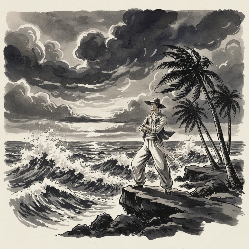 Un pomeriggio, mentre il sole iniziava a calare, il cielo si tinse di un grigio cupo e nubi minacciose si addensarono all'orizzonte. Il vento si fece più forte, sferzando le palme e sollevando spruzzi dalle onde che ora si infrangevano con fragore sugli scogli. Nino osservava la potenza della natura, sentendo la terra tremare sotto i suoi piedi e il cuore battere all'unisono con la tempesta imminente.