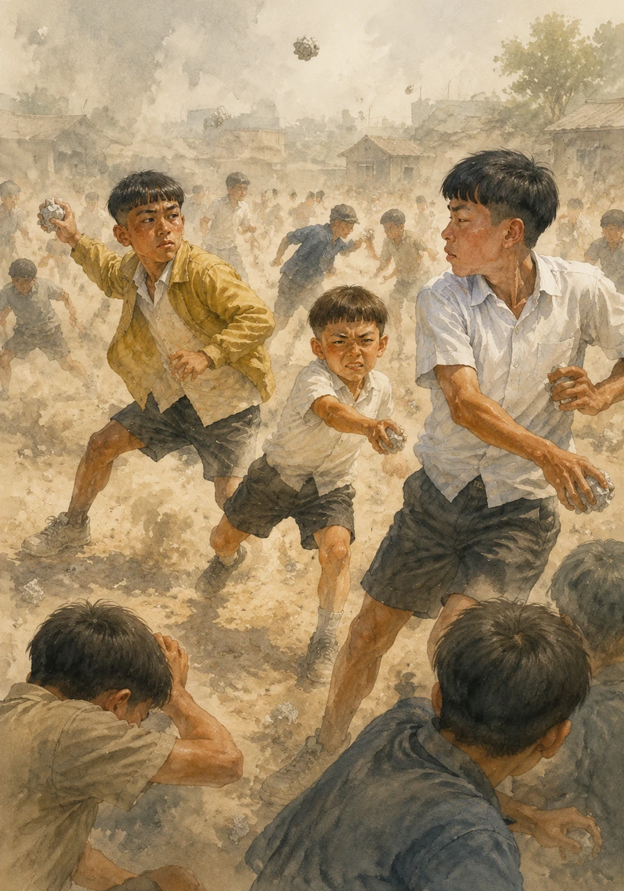 On a breathless, windless day, the village children split into two teams to play war, wrapping dry dirt in scraps of paper and throwing them at each other until the air is thick with floating gray dust. Squinting through the suffocating haze, they charge at one another with wild battle cries, completely absorbed in their fierce, imaginary battlefield.