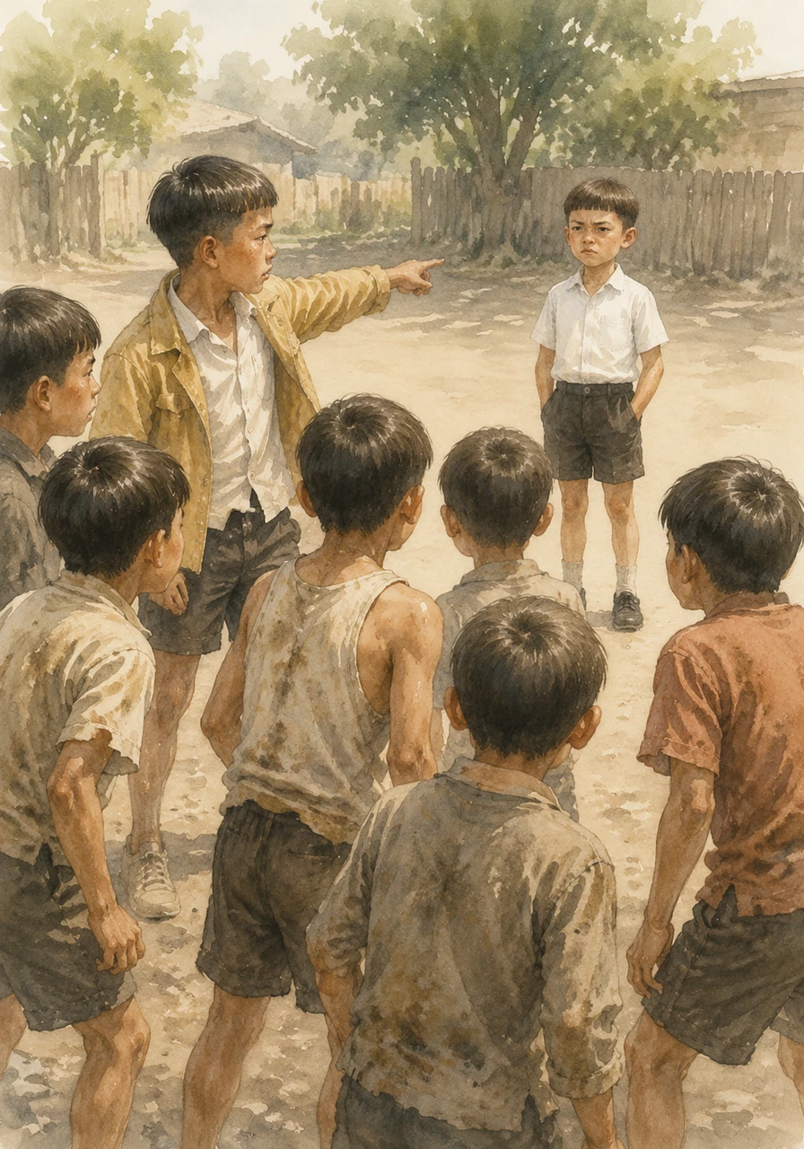 Suddenly, Sadyk, the leader of the village children, stops mid-motion and points toward a clean, neatly dressed boy standing a short distance away in a crisp white shirt and dark shorts. The playtime battle halts instantly as the dusty, ragged group crowds around the newcomer, staring curiously at his pristine clothes and his perfectly trimmed bangs.