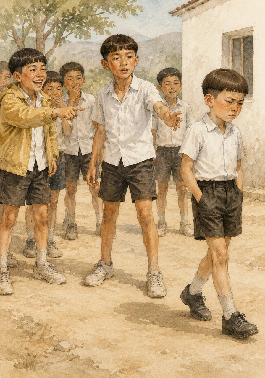 A local boy named Esikbai makes a sharp, teasing comment about the new kid's fine hair, causing the rest of the children to burst into uncomfortable snickers. Ayan blushes deeply and turns away, but Sadyk quickly steps in to break the tension, welcoming him by asking about his family's brown cow and asking for his name.