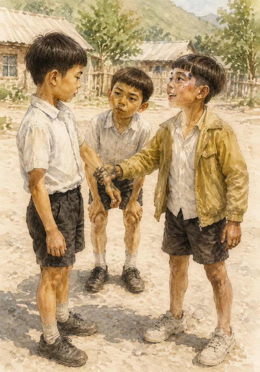 When Ayan softly introduces himself, the children repeat his name in a low murmur to make sure they remember it, instantly feeling a bond form. Sadyk reaches out with his soot-covered hand to grab Ayan’s clean wrist, proudly inviting him to be friends and promising to show him the best swimming hole in the village.