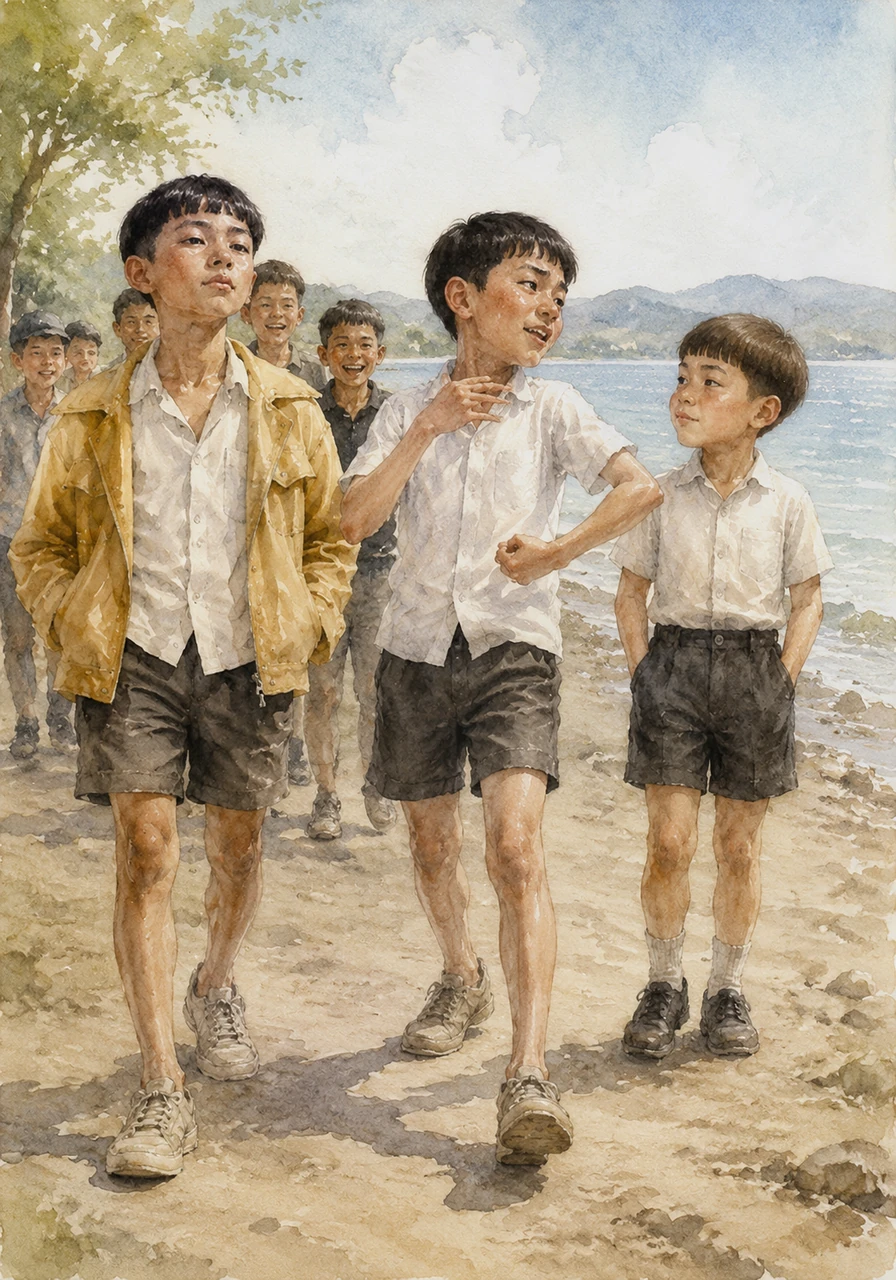 As they walk together toward the water, the arrival of a new friend turns into a grand celebration, prompting every boy to loudly boast about his own talents to impress Ayan. Sadyk brags that he can hold his breath underwater while counting to sixty, while a quiet boy named Kosym proudly mentions a beautiful white shirt hidden away in his mother's trunk.