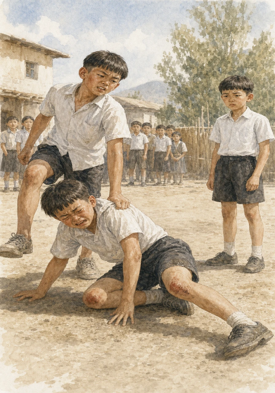 The boasting quickly turns sour when Esikbai, a tall and aggressive bully known for picking fights, shoves Kosym aside and trips him onto the hard ground. Kosym pushes himself up with scraped, stinging knees, tears welling in his eyes as Esikbai continues to mock him and aggressively push him away from the group.