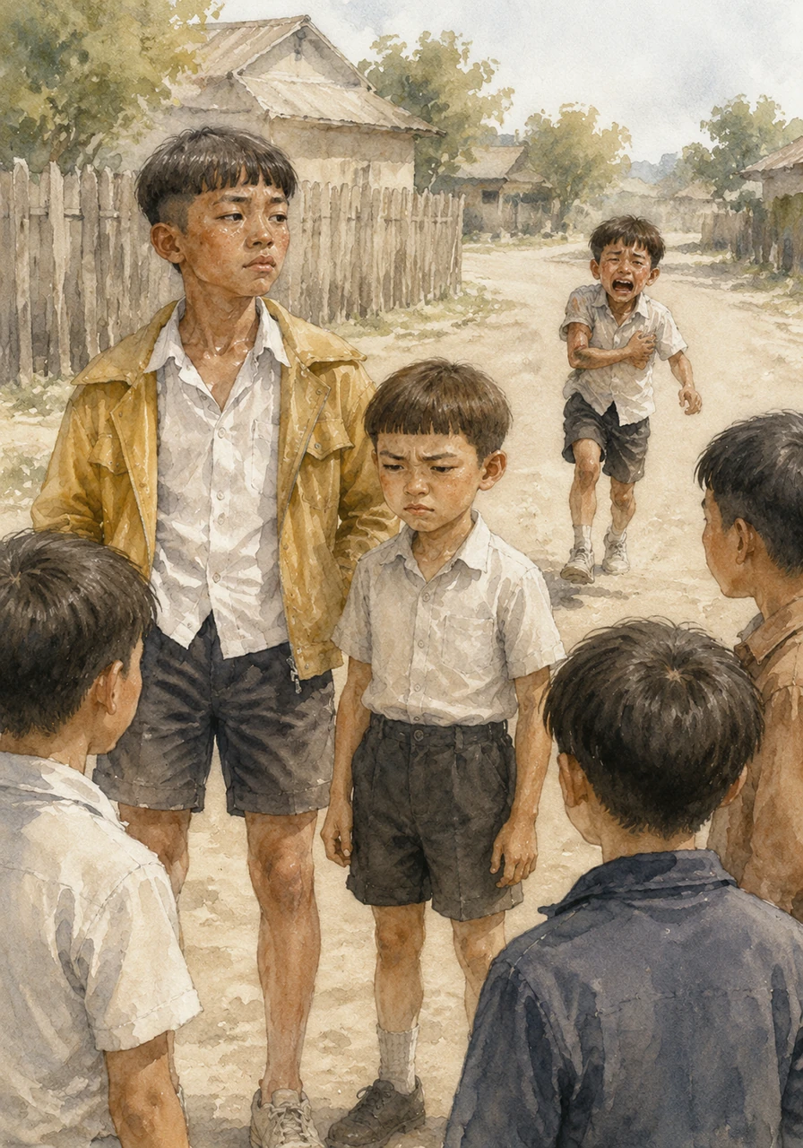 The mean confrontation escalates into a brief, painful scuffle, ending with Kosym getting hurt and crying loudly as he runs back home to safety. The rest of the children watch in silence, uncomfortable with the sudden cruelty but eager to move past the tension of the bully's outburst.