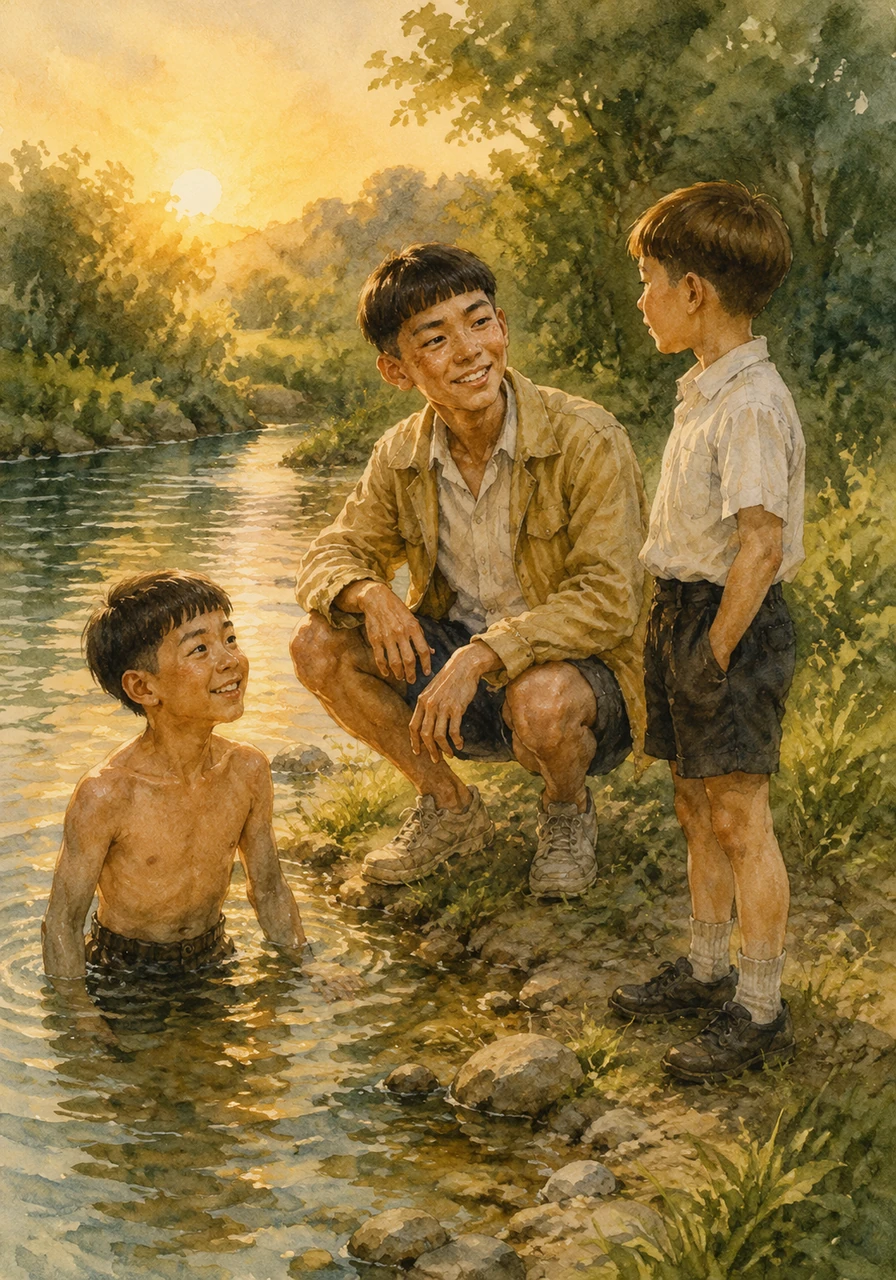 Despite the rocky afternoon, the children spend the rest of the day swimming in the cool pond, basking in the golden sunshine, and playing along the banks until dusk. By evening, Ayan's kind heart, quick wit, and gentle nature shine through, making him feel like an irreplaceable part of their close-knit group.