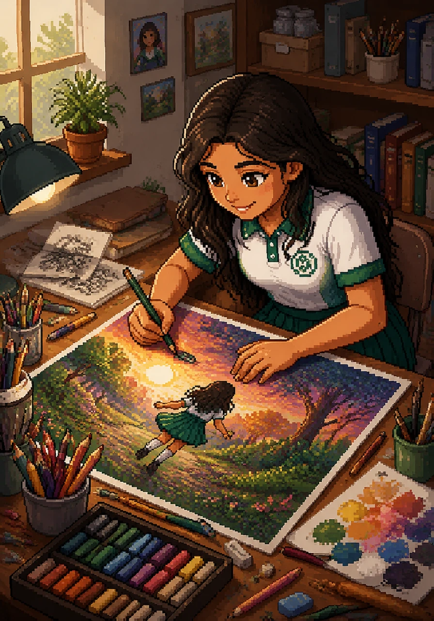 Days turned into weeks as Litzi spent every free moment at her desk, surrounded by colored pencils, markers, and charcoal sketches. She carefully blended colors and shapes, pouring her heart, memories, and emotions into a single, breathtaking canvas.