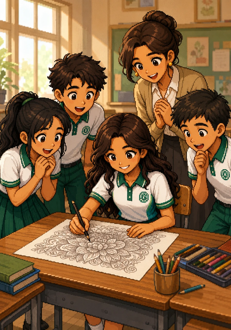 Her classmates and teachers often walked by, stopping to marvel at the intricate details emerging on her paper. Their words of encouragement filled Litzi with confidence and warmth, fueling her determination to finish her masterpiece.