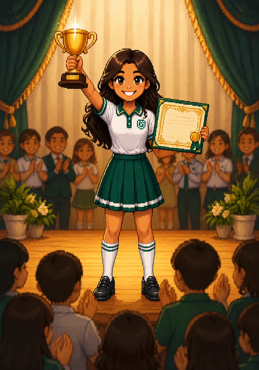 Litzi walked up to the stage with a brilliant smile, where she was presented with a gleaming trophy and a beautiful certificate of achievement. Holding her prize high, she looked out at the proud faces of her school community, feeling an overwhelming sense of gratitude.