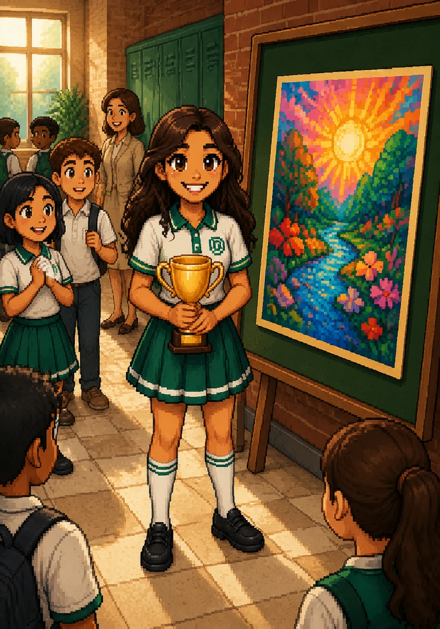 Back at school, Litzi stood proudly next to her winning artwork, which was now prominently displayed for everyone to see. With her trophy in hand and endless possibilities ahead, she knew this was just the beginning of her wonderful journey as an artist.