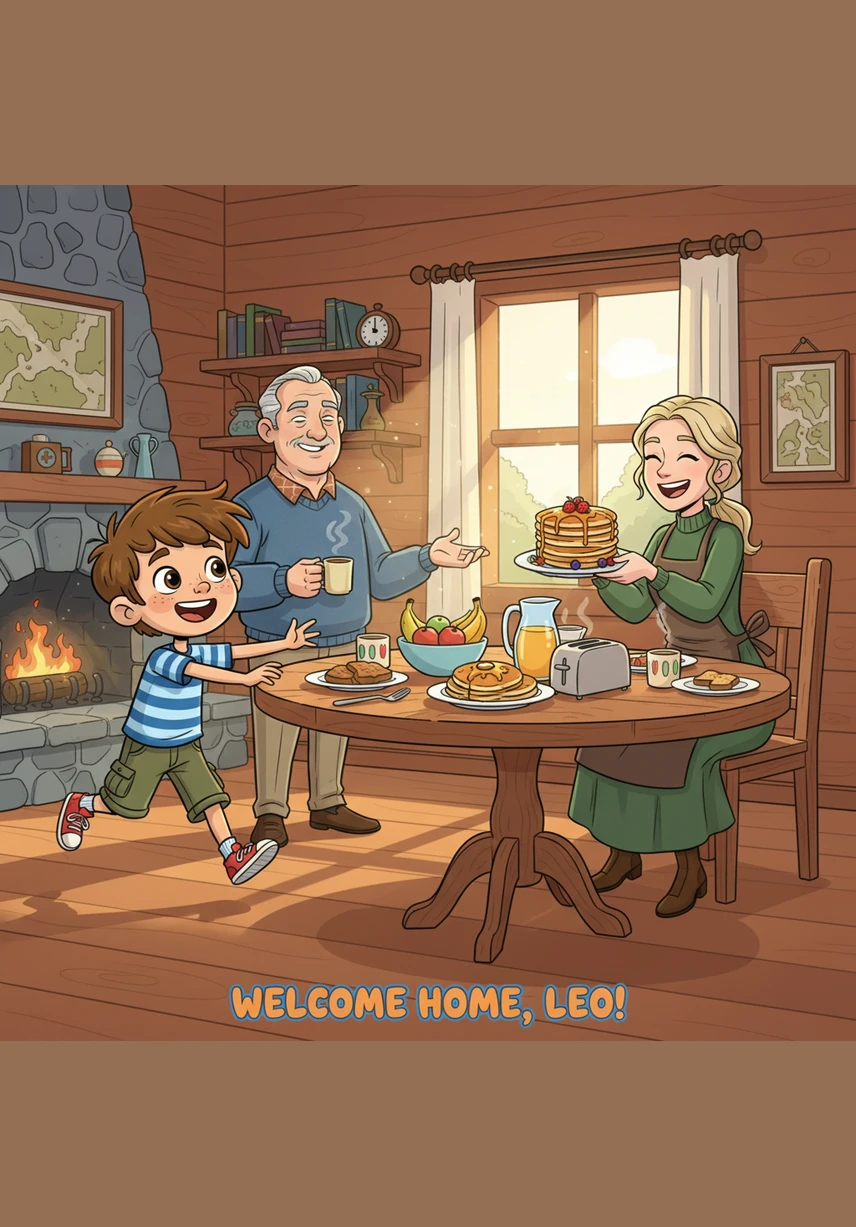 Leo läuft schnell zum Frühstückstisch, wo sein Vater gerade die Zeitung liest. Er betrachtet neugierig die großen Schlagzeilen auf der ersten Seite, die bereits von dem verschwundenen Ballon berichten.