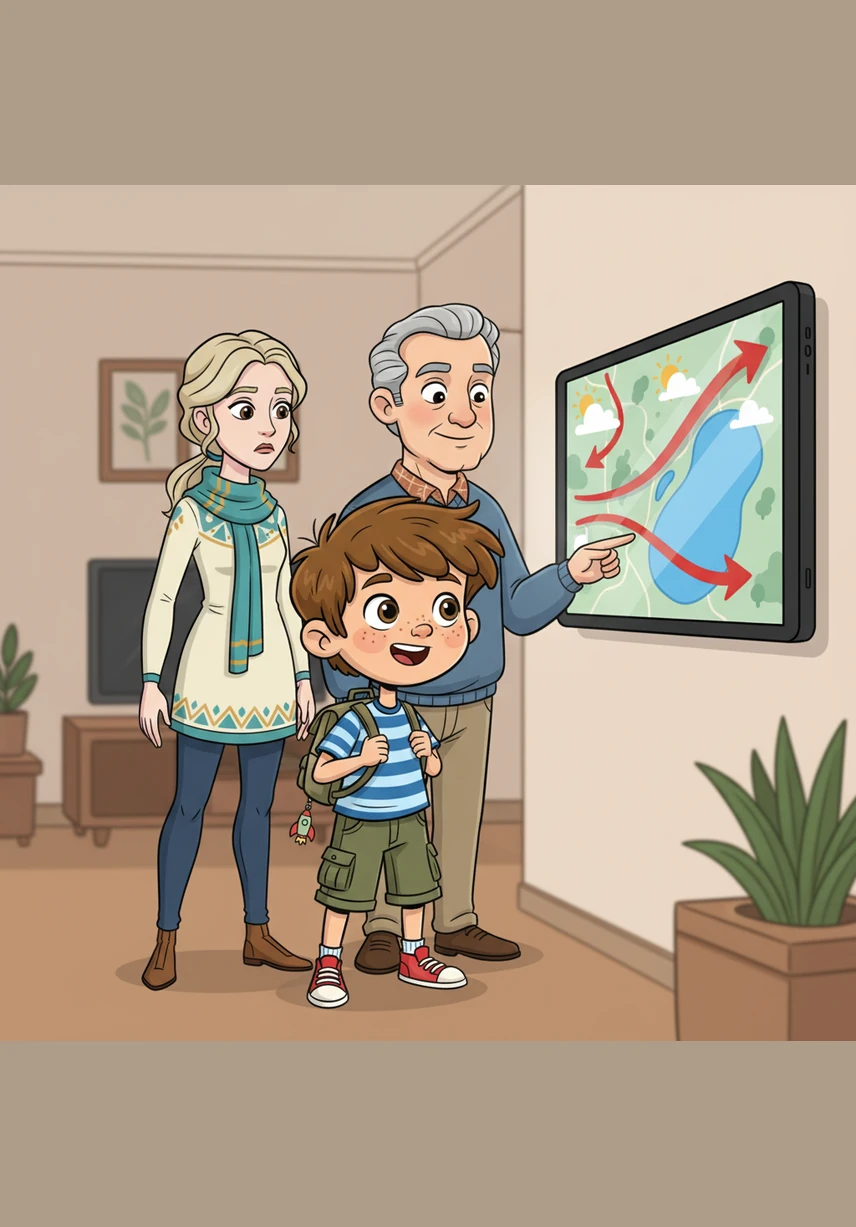 Um herauszufinden, wohin der Ballon als Nächstes fliegt, schaut sich Leo die Wettervorhersage an. Er sieht, dass der Wind heute kräftig nach Osten weht, direkt auf den großen See zu.