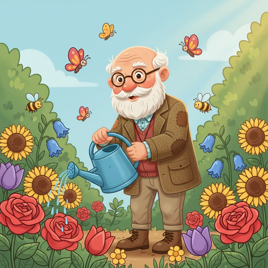 Vovô Lazaro sorri enquanto rega suas flores coloridas no jardim. Borboletas dançam ao redor, e abelhas zumbem alegremente, mostrando que seu jardim é um lugar cheio de vida e felicidade. O sol brilha suavemente sobre suas plantas, que parecem responder ao seu carinho.