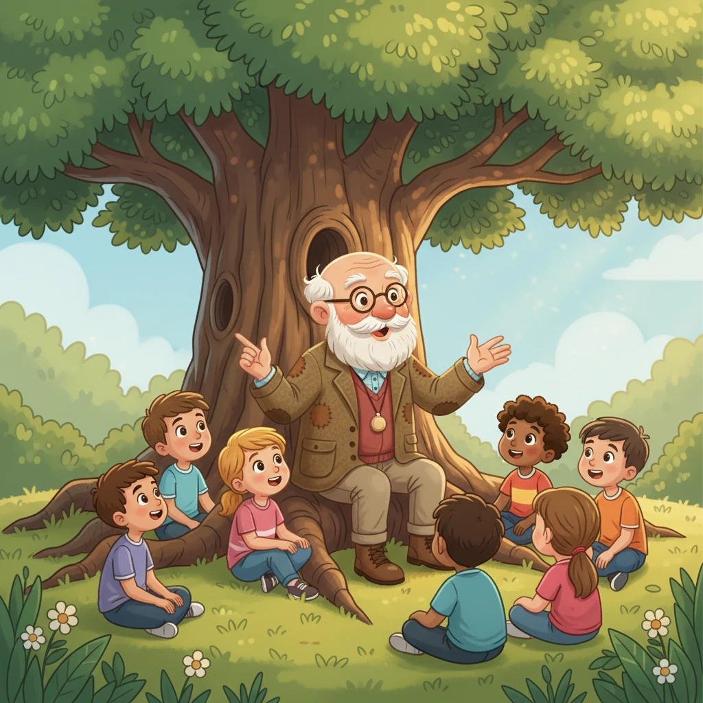 Crianças da vizinhança se reúnem sob a grande árvore do Vovô Lazaro, ouvindo atentamente suas histórias. Ele gesticula com as mãos, e seus olhos brilham enquanto narra aventuras de sua juventude, prendendo a atenção de todos com sua voz calorosa.