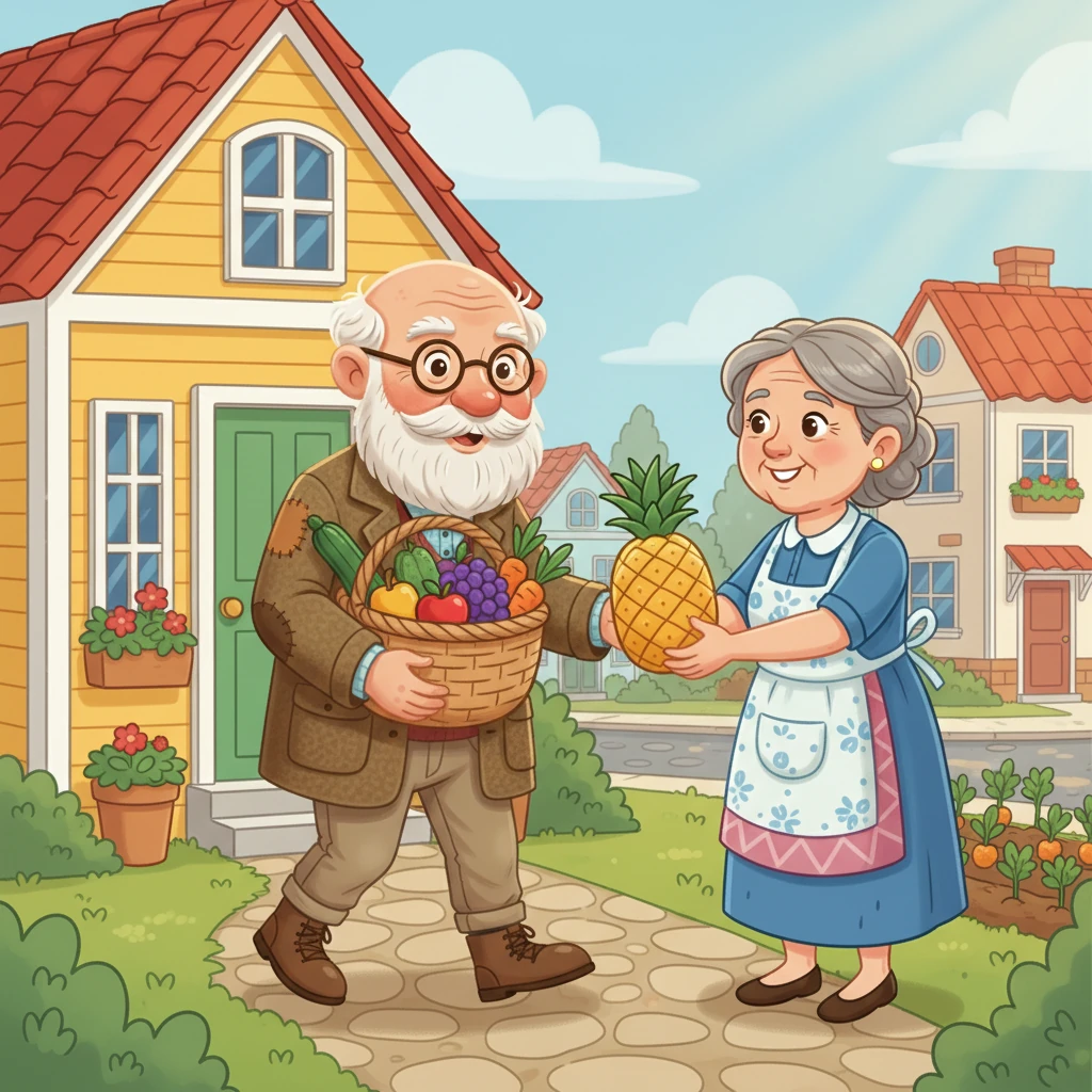 Com uma cesta cheia de legumes frescos e frutas maduras, Vovô Lazaro caminha pela rua. Ele encontra Dona Aurora, sua vizinha, e oferece-lhe um grande abacaxi. O sorriso de gratidão dela ilumina o dia, refletindo a generosidade do vovô.