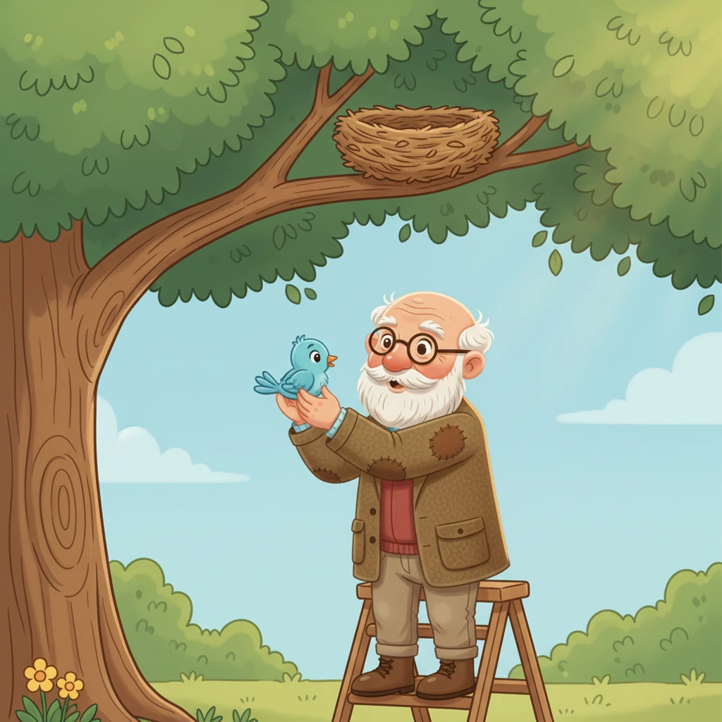 Um pequeno passarinho cai do ninho e Vovô Lazaro o encontra. Com cuidado e ternura, ele o ajuda a voltar para sua casa nas árvores. O passarinho piulou alegremente, agradecendo-lhe antes de voar para o alto.