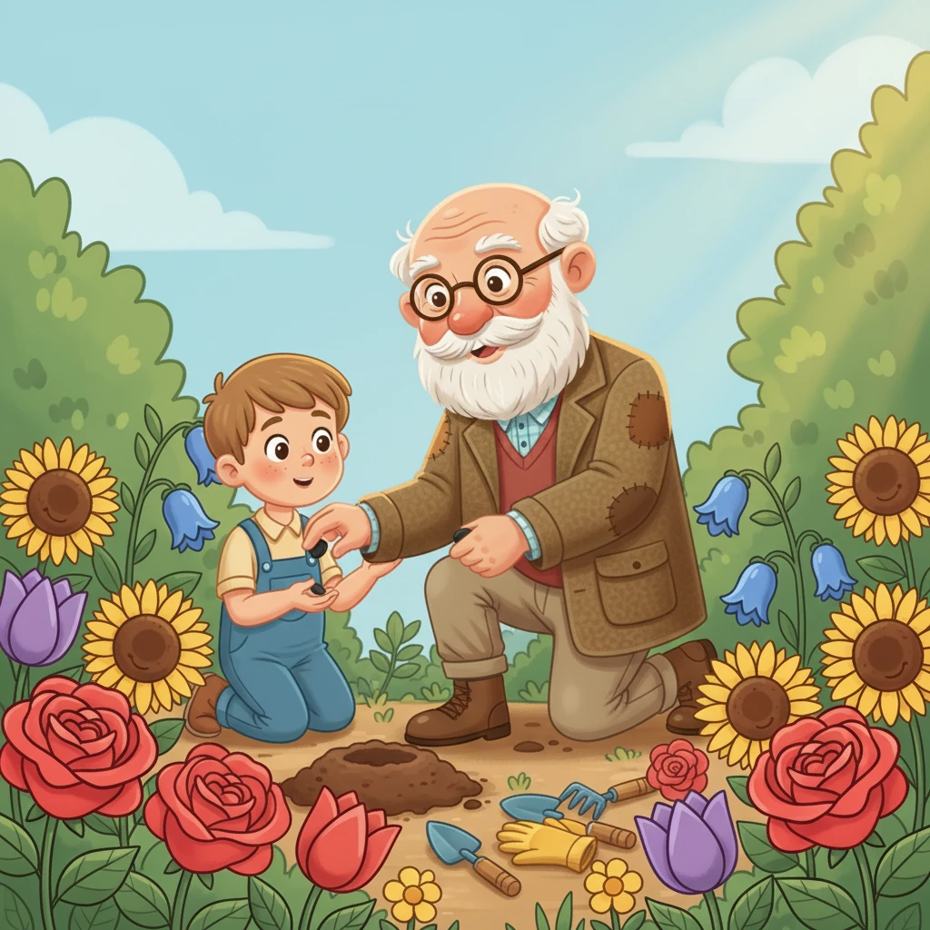 Vovô Lazaro mostra a Pedrinho, um menino curioso, como plantar uma semente de girassol. Ele explica sobre a terra, a água e a luz do sol, ensinando ao garoto a magia de ver algo crescer. Pedrinho olha a semente com os olhos cheios de admiração.