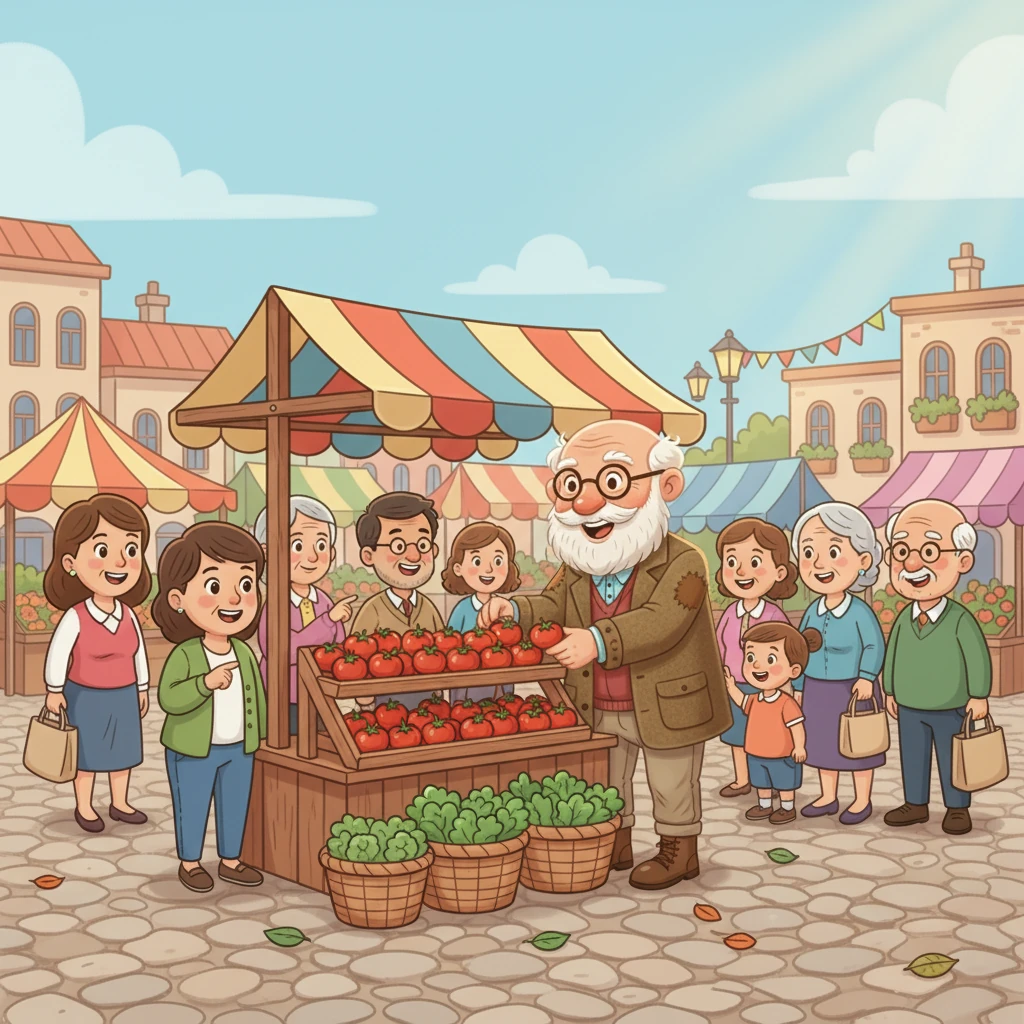 Na praça da cidade, Vovô Lazaro expõe seus produtos frescos em uma feira comunitária. Seus tomates são os mais vermelhos, suas alfaces as mais verdes, e todos param para elogiar seu trabalho. O ar se enche de risadas e conversas animadas.