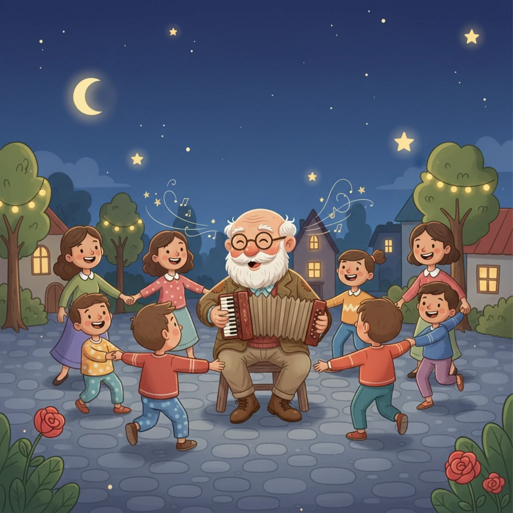 À noite, Vovô Lazaro pega seu velho acordeão e toca melodias alegres. Seus netos e vizinhos dançam e cantam juntos, criando um momento de pura felicidade e união. A música preenche o ar, aquecendo os corações de todos.