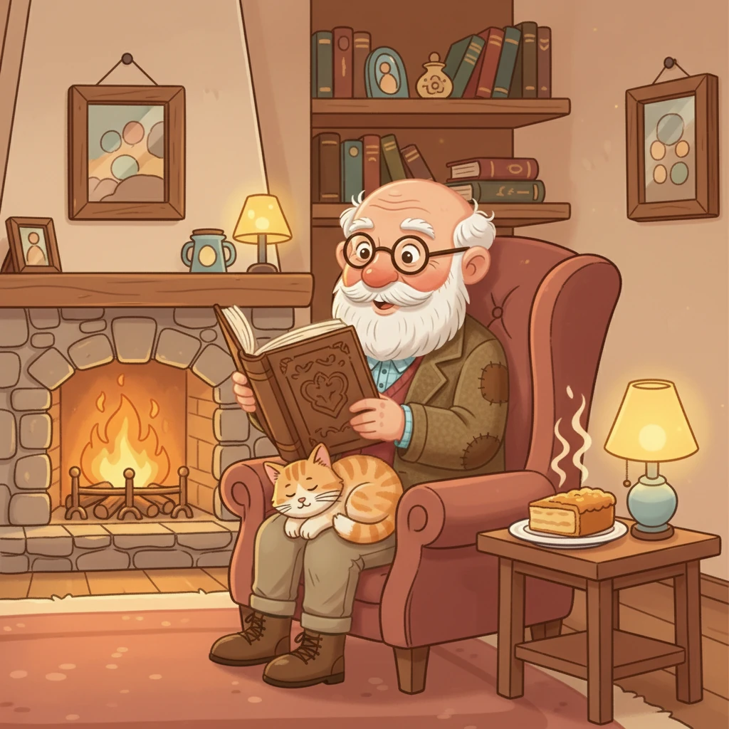 Dentro de sua casa aconchegante, Vovô Lazaro lê um livro de histórias antigas ao lado da lareira. Seu gatinho, Fofinho, dorme tranquilamente em seu colo. A casa é cheia de recordações e um cheirinho bom de bolo recém-assado.