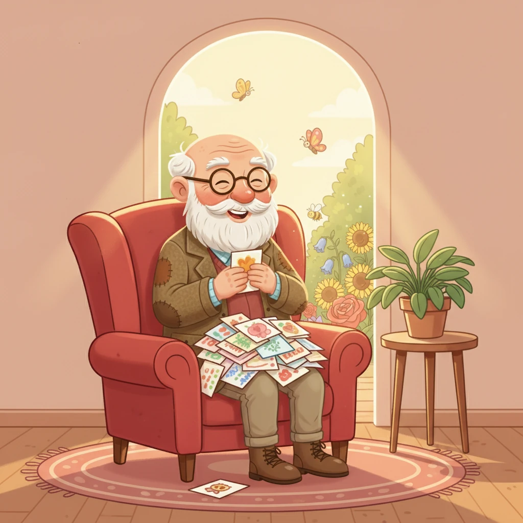 Uma pilha de cartões feitos à mão e desenhos coloridos chega à porta do Vovô Lazaro. São de todas as crianças e vizinhos, agradecendo por sua bondade e suas histórias. Ele os lê um por um, sentindo o coração transbordar de carinho.