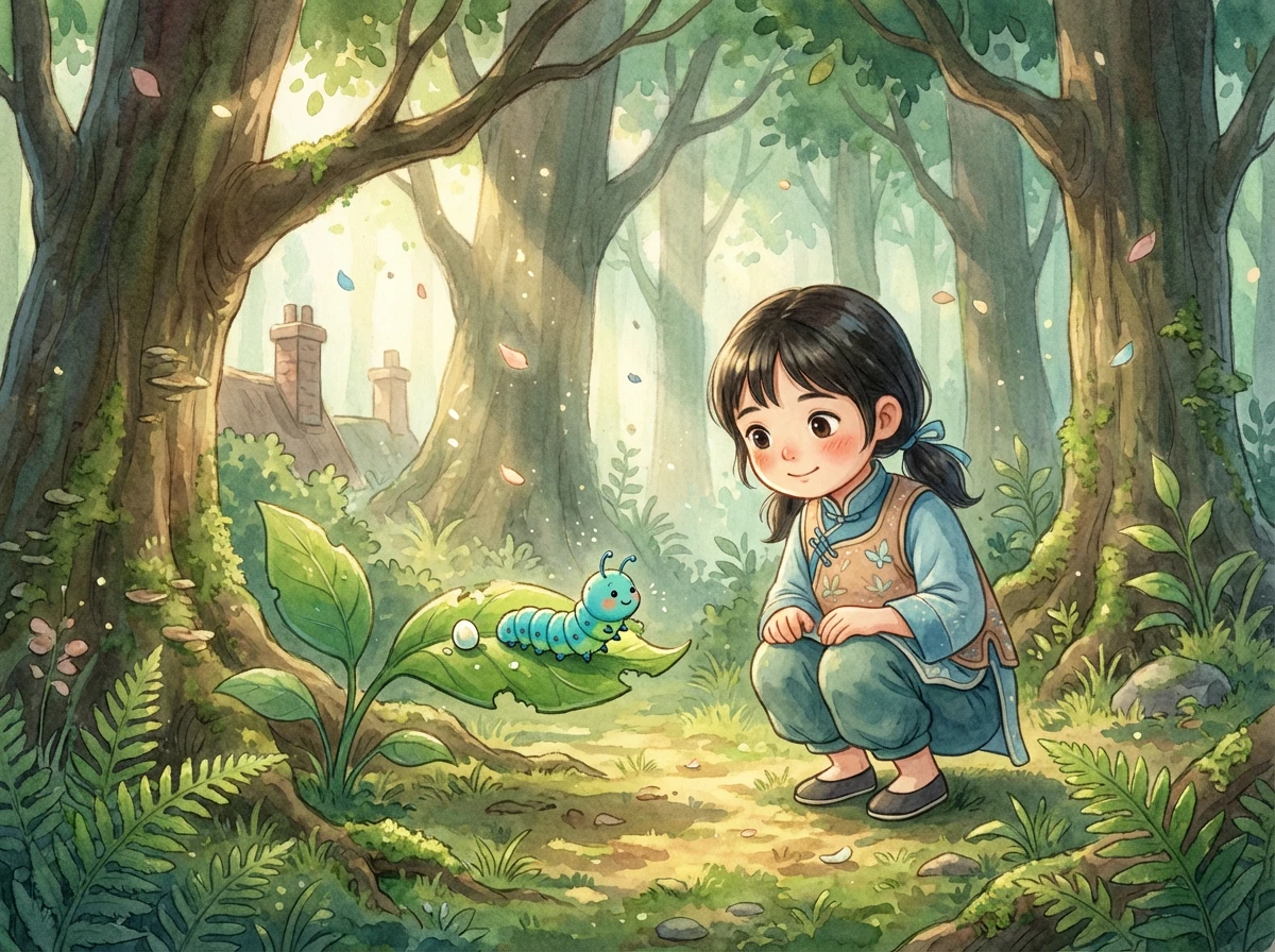 小蓝从卵中孵化出来，变成一条饥饿的小毛毛虫。他不停地啃食着绿叶，身体一天天长大，颜色也变得更加鲜艳。