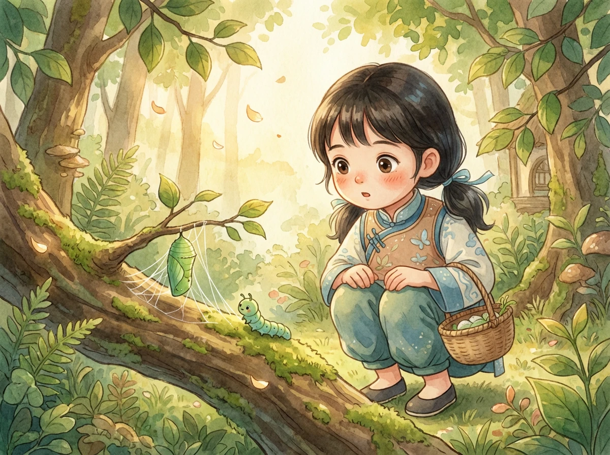 小蓝吃饱喝足后，开始寻找一个安全的地方。他找到了一根粗壮的树枝，在那里，他吐出丝，将自己紧紧地包裹起来，形成一个绿色的蛹。