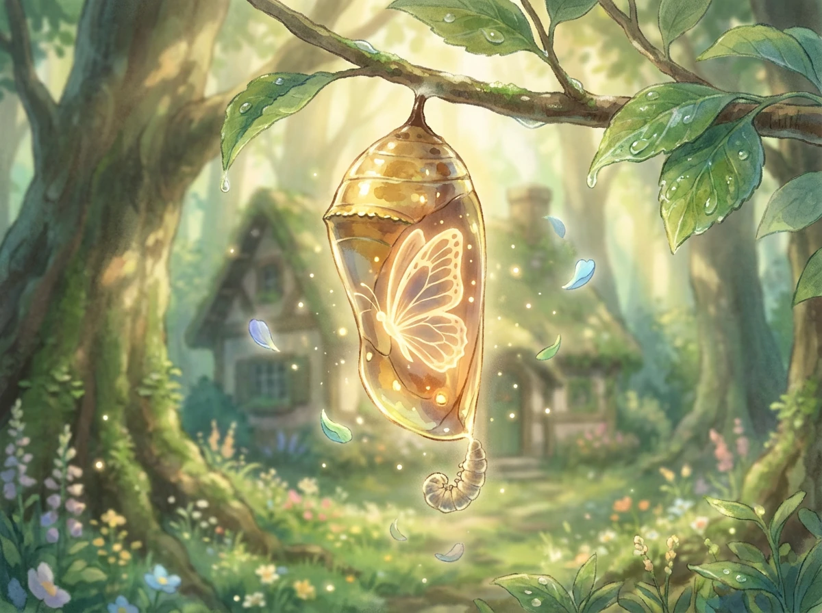 在蛹里，小蓝经历着奇妙的变化。他不再是毛毛虫的模样，身体正在悄悄地变成一只美丽的蝴蝶。