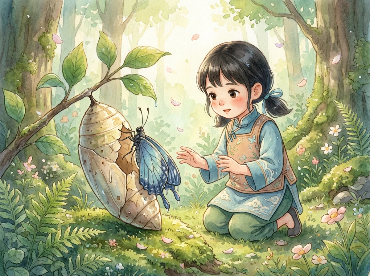 经过漫长的等待，蛹裂开了。一只湿漉漉的，翅膀皱巴巴的蝴蝶慢慢地爬了出来。这就是破茧而出的小蓝。