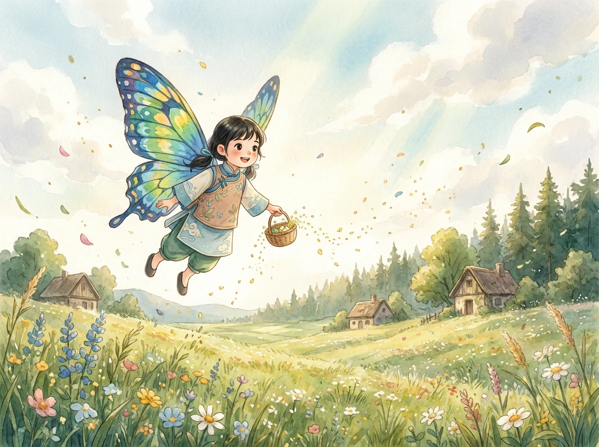 小蓝展开他那色彩斑斓的翅膀，在阳光下自由飞翔。他飞过花丛，飞过草地，开始了新的生活，传播着花粉，也传播着生命的希望。