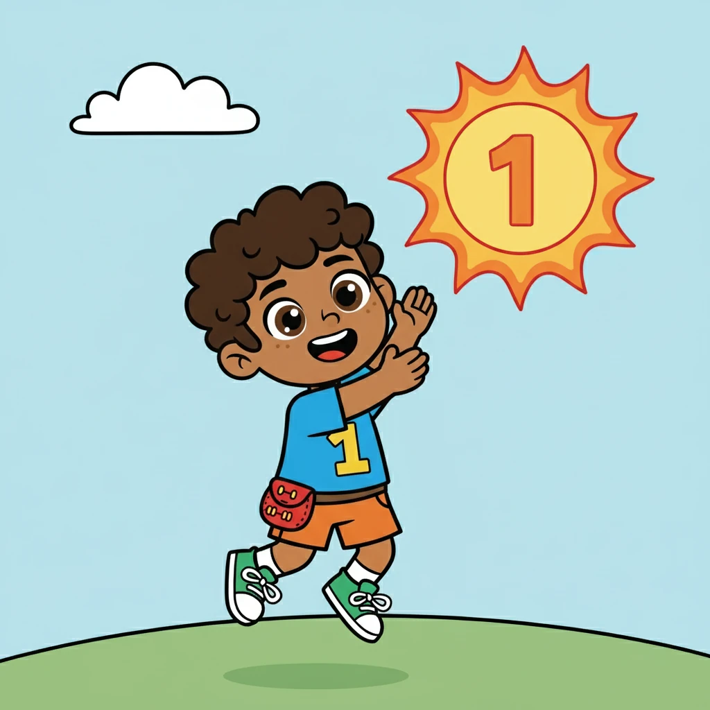 En la primera página, Nico descubrió las Unidades. Un solo sol radiante representaba el número uno. Nico sonrió, comprendiendo que cada número era como un amigo nuevo.
